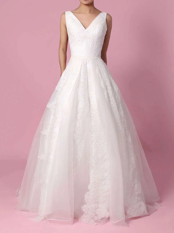 Ball Gown V-neck Organza Sweep Train Wedding Dresses With Appliques Lace #Milly00023195