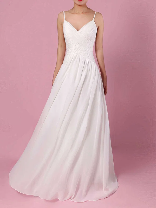 A-line V-neck Chiffon Sweep Train Wedding Dresses With Ruffles #Milly00023199