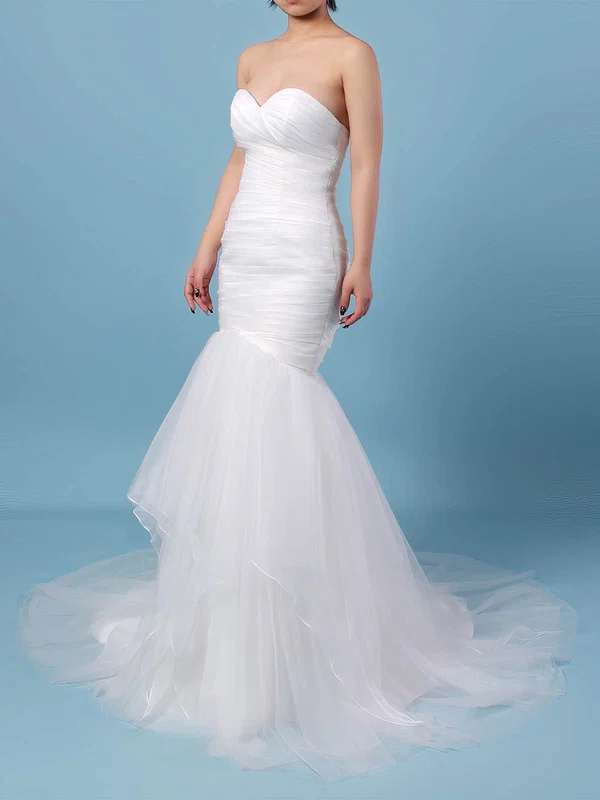 Trumpet/Mermaid Sweetheart Tulle Sweep Train Wedding Dresses With Cascading Ruffles #Milly00023206