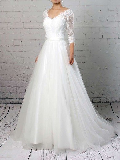 Ball Gown V-neck Lace Tulle Sweep Train Wedding Dresses With Sashes / Ribbons #Milly00023226
