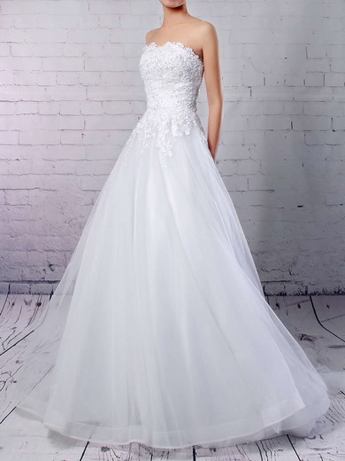 Ball Gown Strapless Tulle Sweep Train Beading Wedding Dresses #Milly00023236