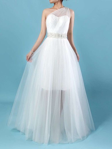 Princess One Shoulder Lace Tulle Ankle-length Beading Wedding Dresses #Milly00023245
