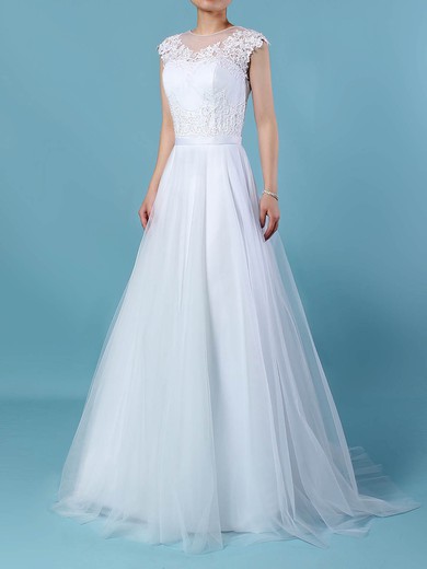 Ball Gown Illusion Tulle Sweep Train Wedding Dresses With Appliques Lace #Milly00023248