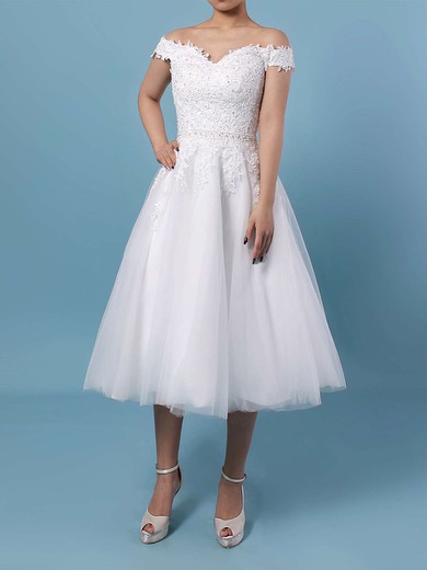 Ball Gown Off-the-shoulder Tulle Tea-length Beading Wedding Dresses #Milly00023267