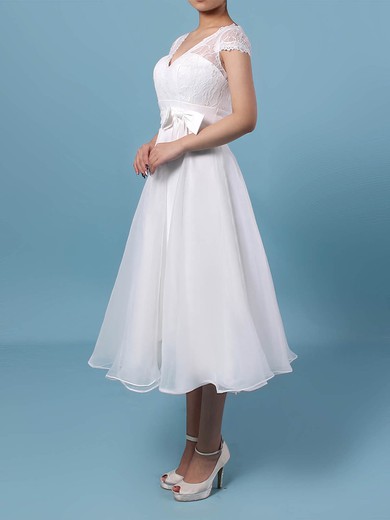 A-line V-neck Lace Chiffon Tea-length Wedding Dresses With Sashes / Ribbons #Milly00023270