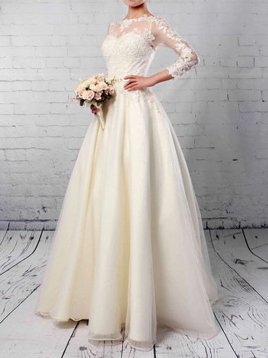Ball Gown Scoop Neck Tulle Sweep Train Appliques Lace Wedding Dresses #Milly00023285