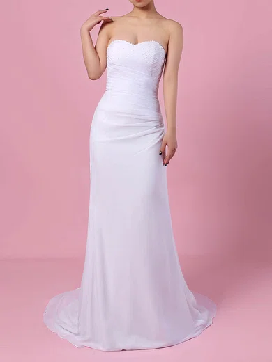 Sheath/Column Sweetheart Chiffon Sweep Train Wedding Dresses With Beading #Milly00023292