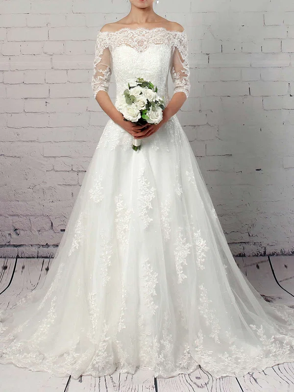 Ball Gown Off-the-shoulder Tulle Sweep Train Wedding Dresses With Appliques Lace #Milly00023304