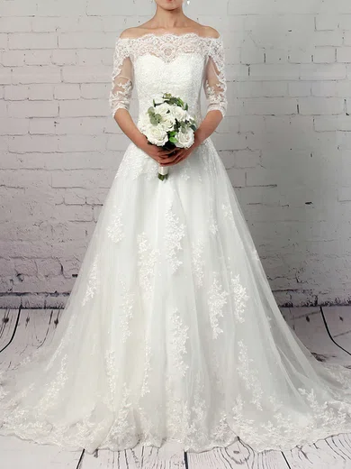 Ball Gown/Princess Off-the-shoulder Tulle Sweep Train Wedding Dresses With Appliques Lace #Milly00023304