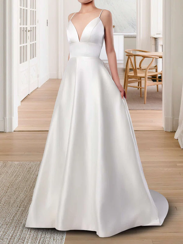Ball Gown V-neck Satin Sweep Train Wedding Dresses With Pockets #Milly00023123