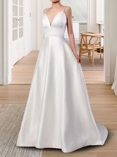 Princess V-neck Satin Sweep Train Pockets Wedding Dresses #Milly00023123