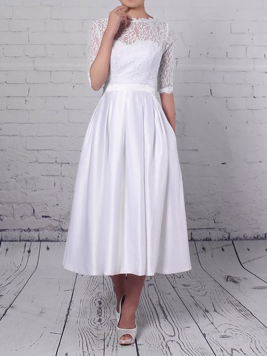 Princess Scoop Neck Lace Satin Tea-length Pockets Wedding Dresses #Milly00023293