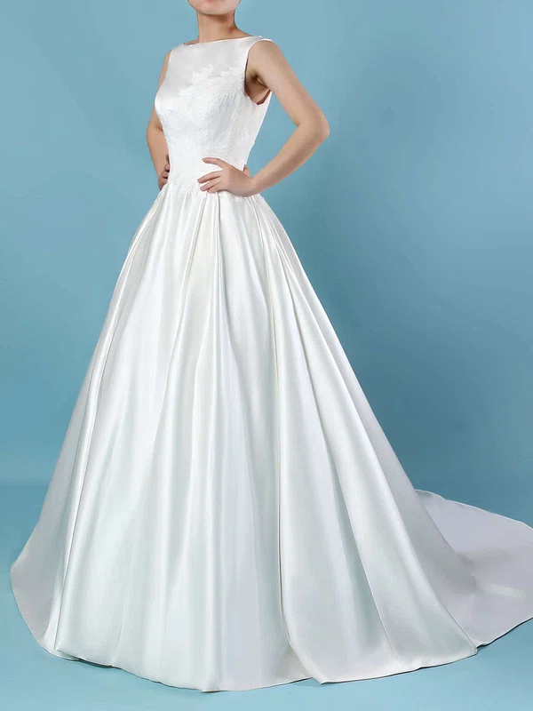 Ball Gown Scoop Neck Satin Sweep Train Wedding Dresses With Pockets #Milly00023317