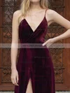 A-line V-neck Velvet Floor-length Split Front Prom Dresses #Milly020106115