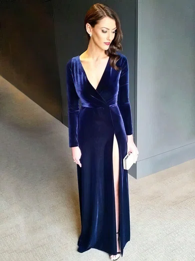 Sheath/Column V-neck Velvet Sweep Train Split Front Prom Dresses #Milly020106116