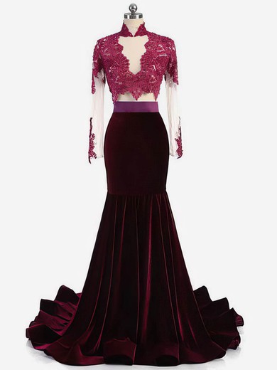 Trumpet/Mermaid High Neck Velvet Sweep Train Appliques Lace Prom Dresses #Milly020106118