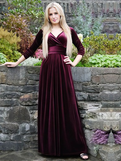 A-line V-neck Velvet Floor-length Prom Dresses #Milly020106121