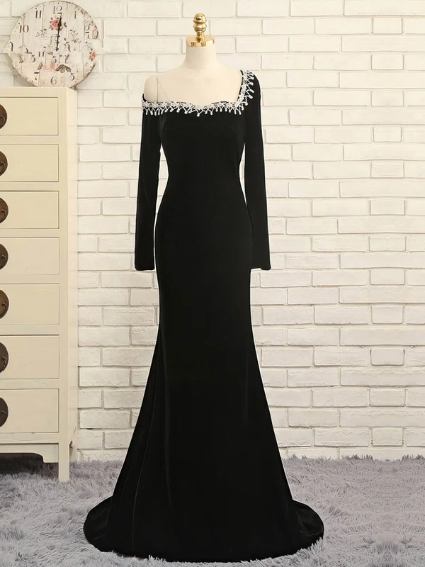 Trumpet/Mermaid Off-the-shoulder Velvet Sweep Train Appliques Lace Prom Dresses #Milly020106127