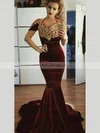 Trumpet/Mermaid V-neck Velvet Sweep Train Appliques Lace Prom Dresses #Milly020106137