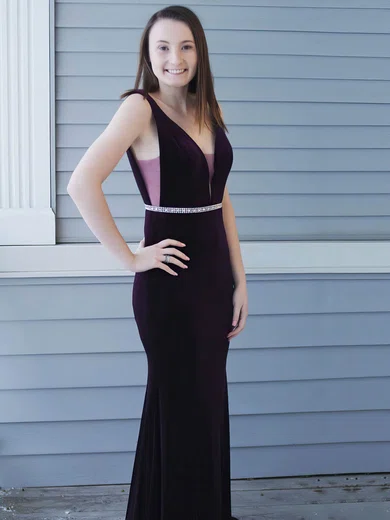 Sheath/Column V-neck Velvet Floor-length Beading Prom Dresses #Milly020106155
