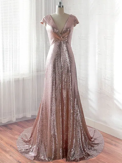 A-line V-neck Sparkly Sequin Prom Dresses #Milly020106174