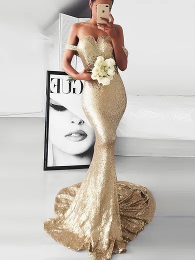 Trumpet/Mermaid Off-the-shoulder Sequined Sweep Train Prom Dresses #Milly020106197