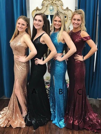 Trumpet/Mermaid Scoop Neck Sequined Sweep Train Split Front Prom Dresses #Milly020106198
