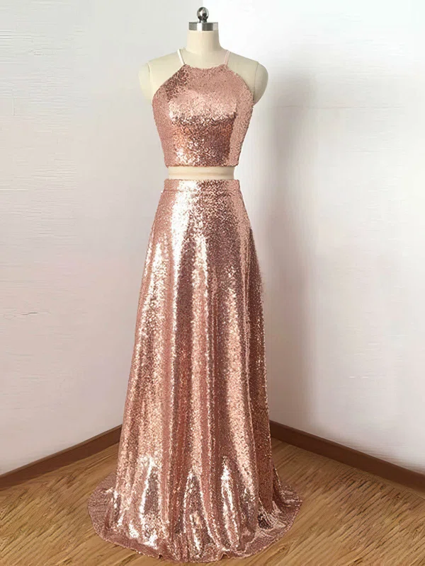 A-line Scoop Neck Sequined Floor-length Prom Dresses #Milly020106200