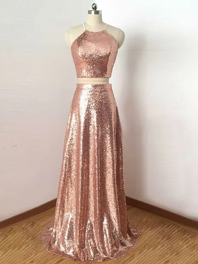 A-line Halter Two Piece Sparkly Sequin Prom Dresses #Milly020106200
