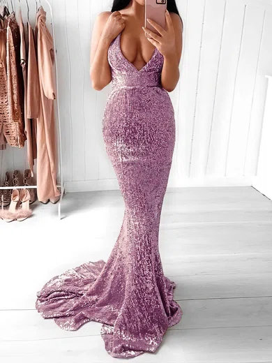 Mermaid V-neck Backless Sparkly Sequin Prom Dresses #Milly020106203