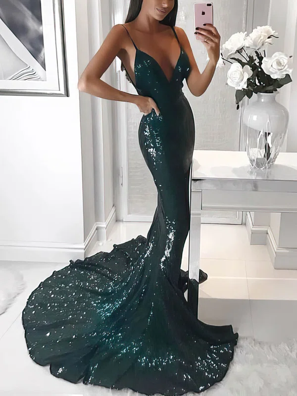 Trumpet/Mermaid V-neck Sequined Sweep Train Prom Dresses #Milly020106206