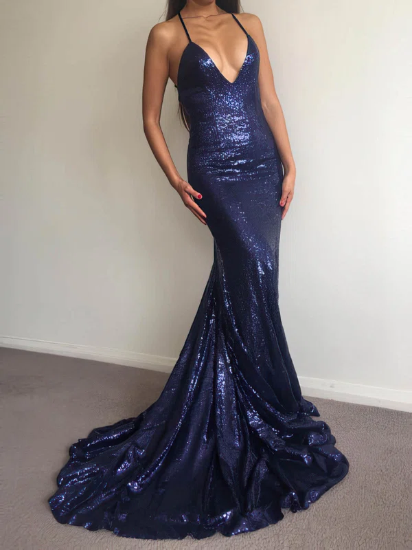 Trumpet/Mermaid V-neck Sequined Sweep Train Prom Dresses #Milly020106208