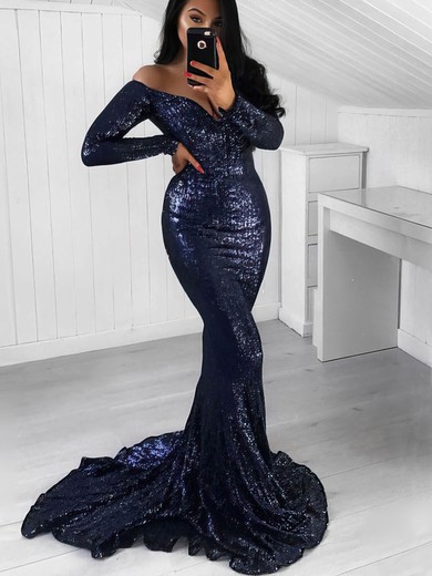 Trumpet/Mermaid Off-the-shoulder Sequined Sweep Train Prom Dresses #Milly020106215