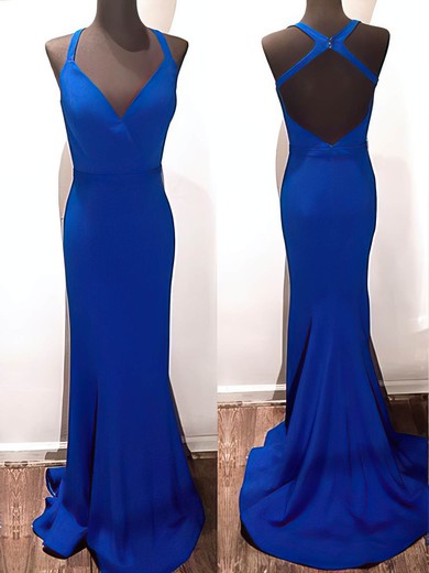 Trumpet/Mermaid V-neck Jersey Sweep Train Prom Dresses #Milly020106226