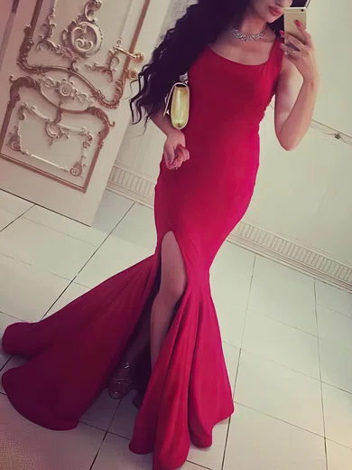 Trumpet/Mermaid Square Neckline Jersey Sweep Train Split Front Prom Dresses #Milly020106229