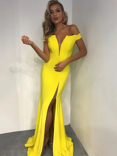 Trumpet/Mermaid Off-the-shoulder Jersey Sweep Train Split Front Prom Dresses #Milly020106234