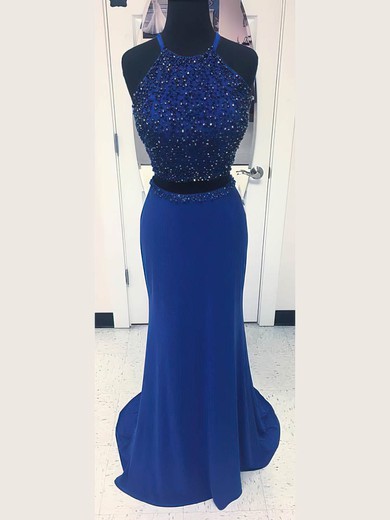 Sheath/Column Scoop Neck Jersey Sweep Train Beading Prom Dresses #Milly020106237