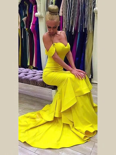 Trumpet/Mermaid Off-the-shoulder Silk-like Satin Sweep Train Cascading Ruffles Prom Dresses #Milly020106242