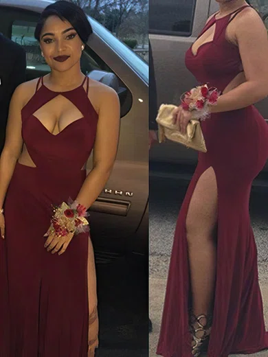 Sheath/Column Scoop Neck Jersey Floor-length Split Front Prom Dresses #Milly020106248