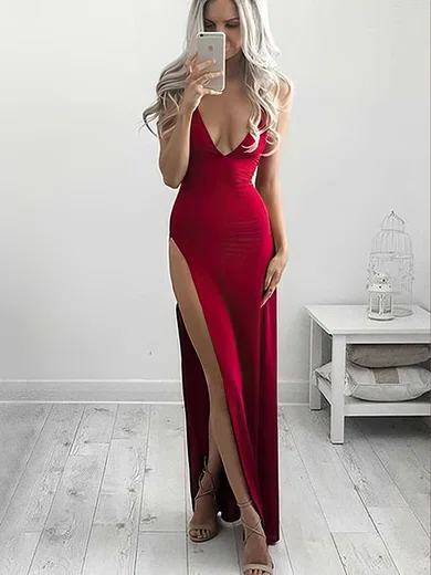Sheath/Column V-neck Jersey Ankle-length Split Front Prom Dresses #Milly020106254