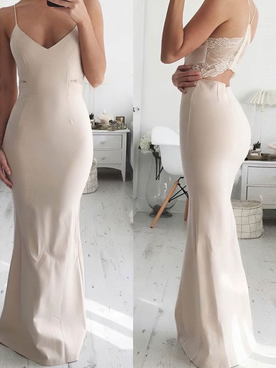 Sheath/Column V-neck Jersey Floor-length Lace Prom Dresses #Milly020106263