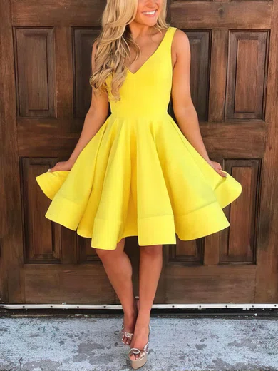A-line V-neck Satin Knee-length Homecoming Dresses #Milly020106283
