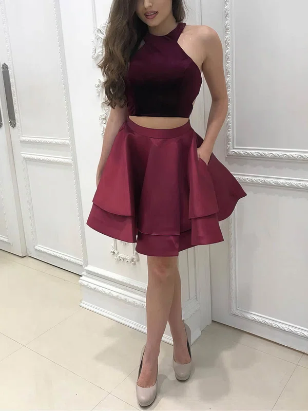 A-line Scoop Neck Satin Velvet Short/Mini Homecoming Dresses With Pockets #Milly020106287