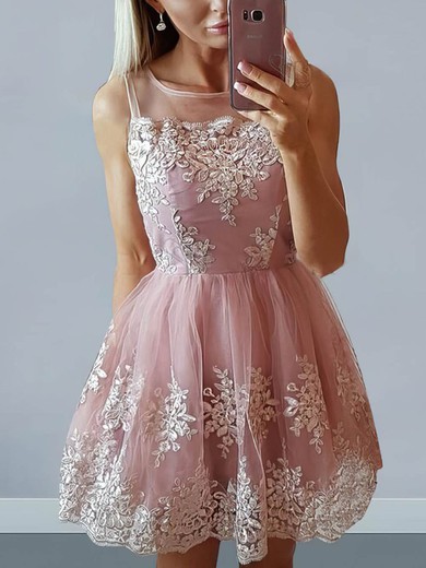 A-line Scoop Neck Tulle Short/Mini Appliques Lace Short Prom Dresses #Milly020106296