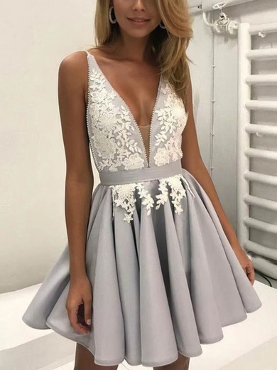 A-line V-neck Satin Short/Mini Lace Short Prom Dresses #Milly020106298
