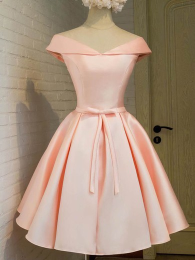 Princess V-neck Satin Knee-length Bow Short Prom Dresses #Milly020106311