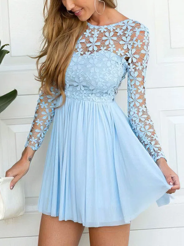 A-line Scoop Neck Lace Chiffon Short/Mini Lace Short Prom Dresses #Milly020106314