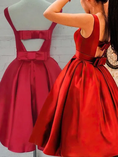 Scoop Neck Satin Tea-length Skater Homecoming Dresses With Bow #Milly020106315