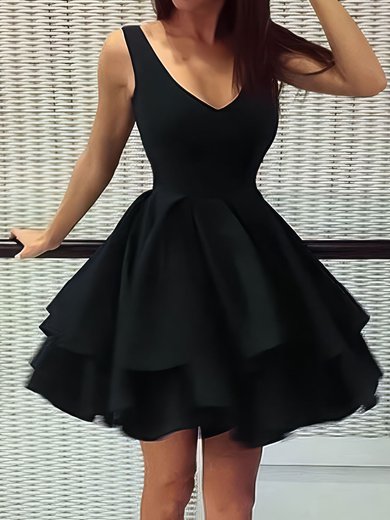 Puffy Black Skater Satin V-neck Homecoming Dresses #Milly020106325