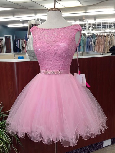 Ball Gown Scoop Neck Lace Tulle Short/Mini Beading Prom Dresses #Milly020106328